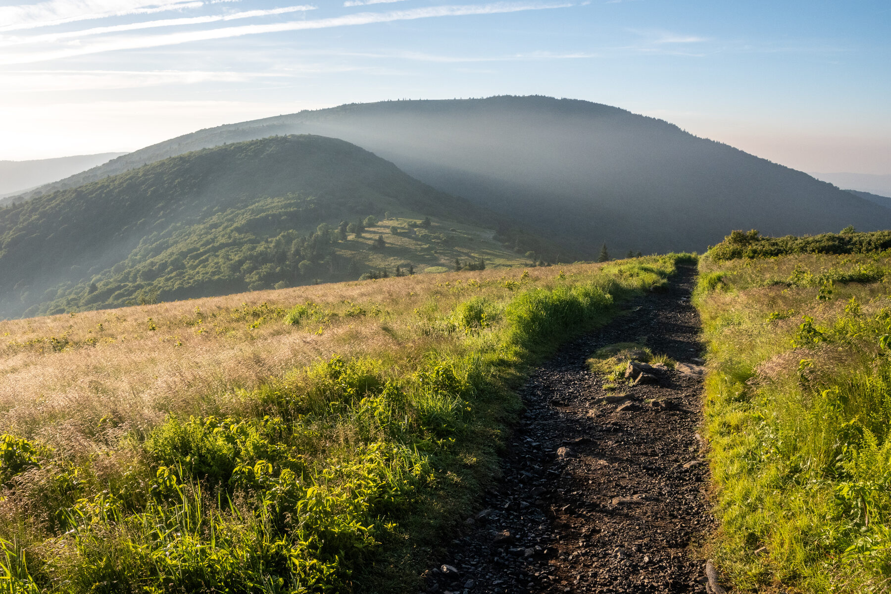 Appalachian Trail winding across a grassy bald at sunrise in the Roan Highlands
