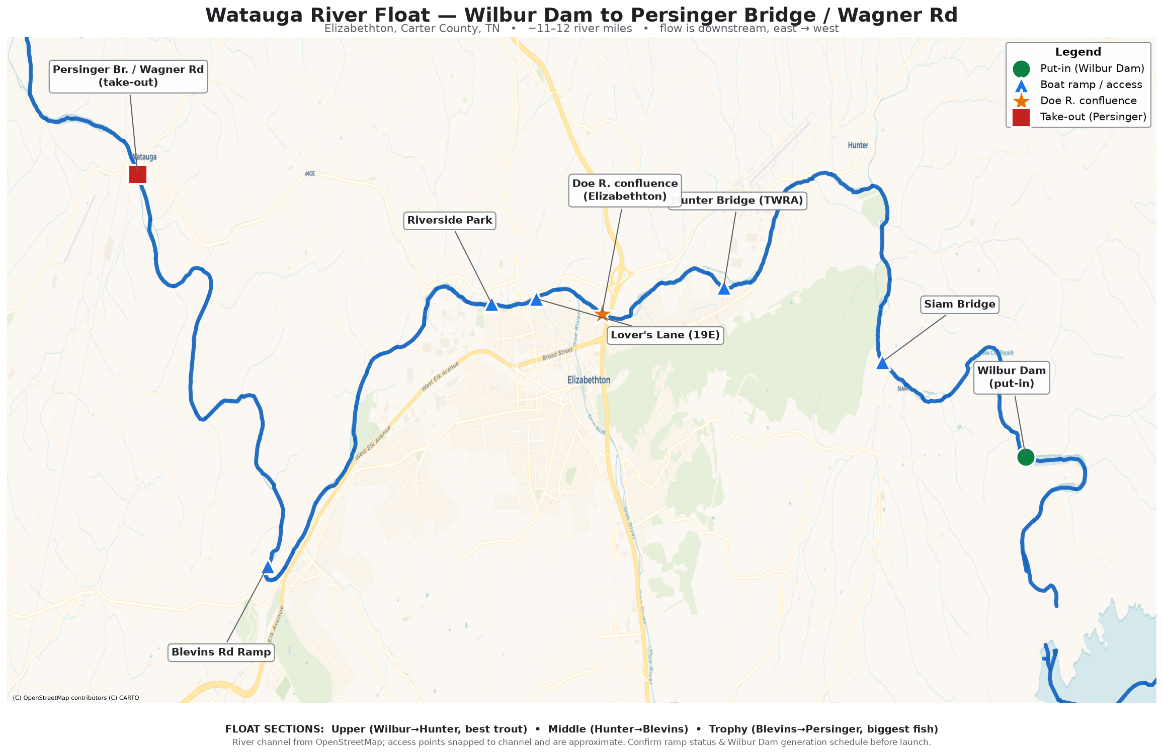 Overview map of Watauga and Doe River fishing waters